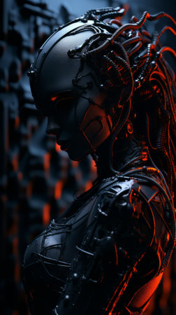 a woman in a robot suit standing in front of a red and black backgroundの素材