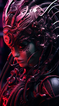 a woman in a futuristic outfit with a red headpieceの素材