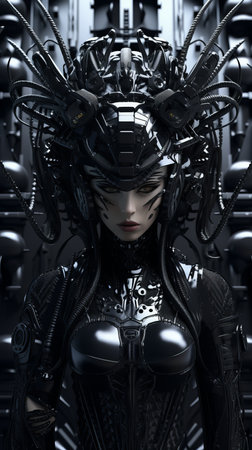 a woman in a black suit with a helmet on her headの素材