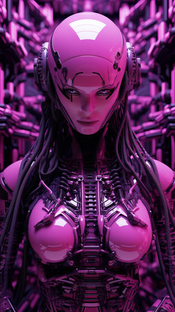 a woman in a pink robot suit standing in front of a purple backgroundの素材