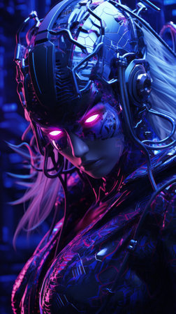 a woman in a futuristic outfit with glowing eyesの素材