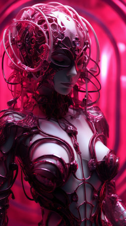 a woman in a red and pink suit with wires on her bodyの素材