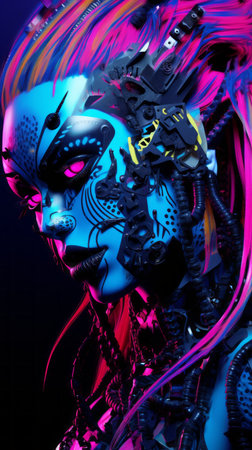 a woman with blue and pink hair and a robot faceの素材