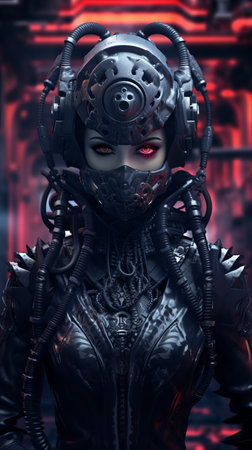 a woman wearing a helmet and black clothes with red eyesの素材
