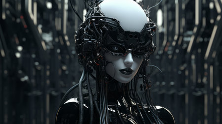 a woman in black and white with a head full of wiresの素材