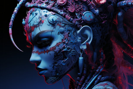 a woman with blue and red makeup on her faceの素材