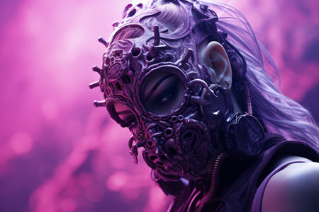 a woman wearing a gas mask in front of a purple backgroundの素材