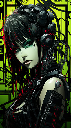 a woman with black hair and green eyes standing in front of a green and black backgroundの素材