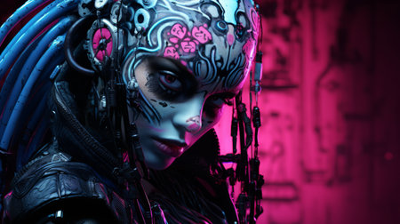 a woman with blue and pink makeup on her faceの素材