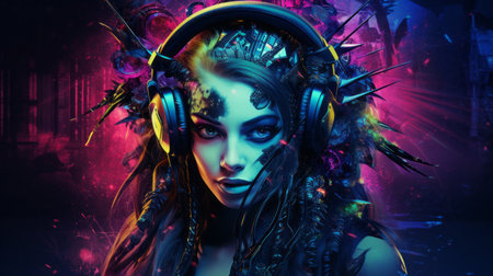 a woman with headphones on her head in front of a colorful backgroundの素材