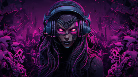 a woman with headphones on her head in front of a purple backgroundの素材
