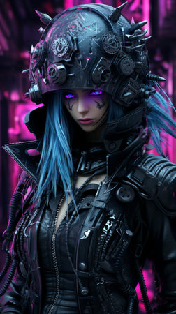 a woman with blue hair wearing a helmet and black clothesの素材