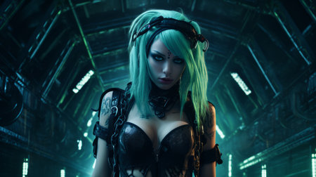 a woman with green hair standing in a dark tunnelの素材