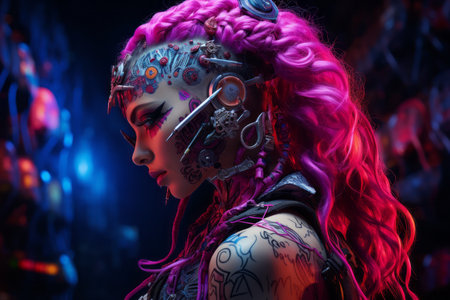 a woman with pink hair and tattoosの素材
