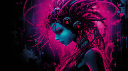 a woman with pink hair and blue eyesの素材