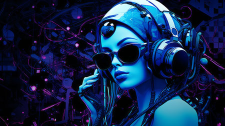 a woman with headphones and sunglasses in front of an abstract backgroundの素材