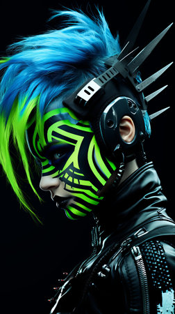 a woman with neon green hair and black face paintの素材