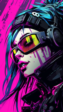a woman with neon hair and sunglasses in front of a pink backgroundの素材