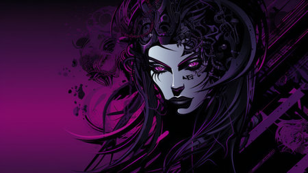a woman with purple eyes and black hair on a purple backgroundの素材