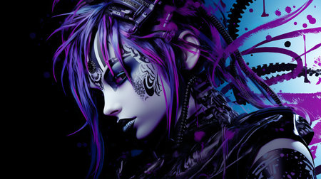 a woman with purple hair and black makeupの素材