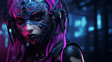 a woman with purple hair and a cyberpunk maskの素材