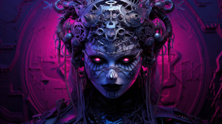 a woman with purple eyes and a headdress on her headの素材
