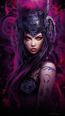 a woman with purple hair and horns on her headの素材