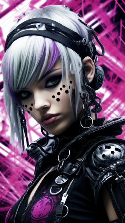 a woman with purple hair and black clothesの素材