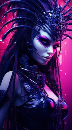 a woman with purple hair and black makeup on her faceの素材