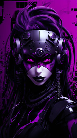 a woman with purple hair and black armor in front of a purple backgroundの素材