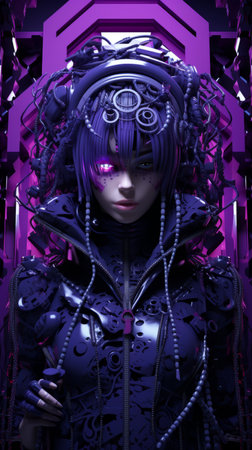 a woman with purple hair and purple eyes standing in front of a purple backgroundの素材