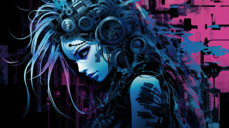 a woman with purple hair and blue eyesの素材