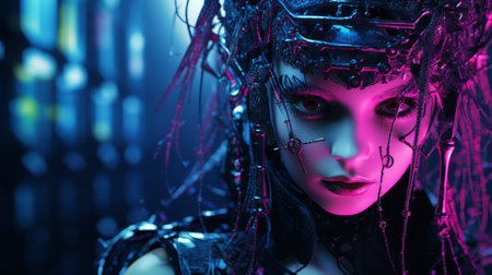 a woman with purple hair and makeup in a dark roomの素材
