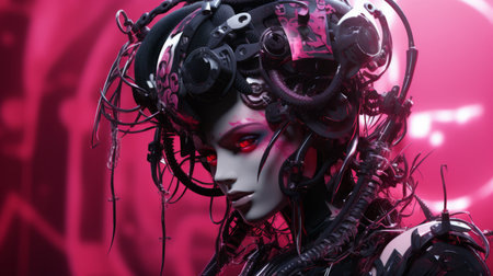 a woman with red eyes and black hair in a futuristic settingの素材