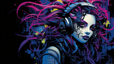 a woman with purple hair and headphonesの素材