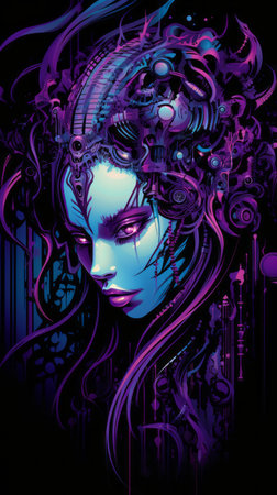 a woman with purple hair and blue eyes on a black backgroundの素材