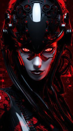 a woman with red eyes and black hairの素材