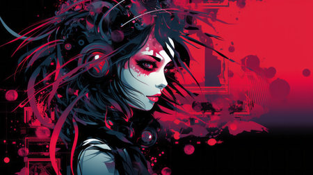 a woman with red and black hair is in the middle of a red and black backgroundの素材