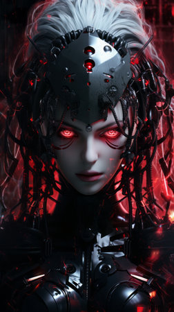 a woman with red eyes and black hairの素材