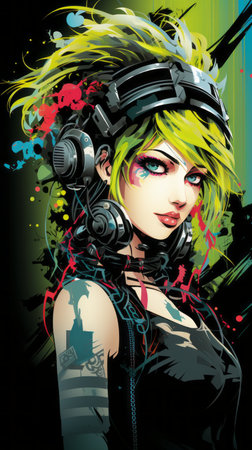 an illustration of a girl with green hair and headphonesの素材