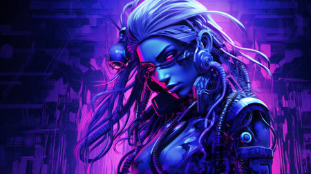 a woman with purple hair and blue eyes standing in front of a purple backgroundの素材