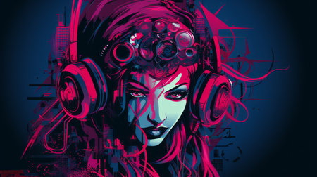 an illustration of a woman with headphones on her headの素材