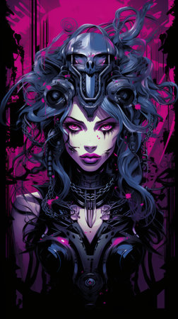 a woman with purple hair and purple makeup on her faceの素材
