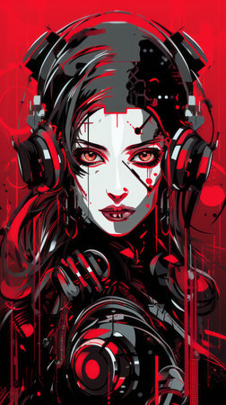an illustration of a woman with headphones and red paint on her faceの素材