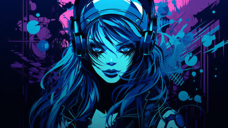 an illustration of a girl with headphones on her headの素材