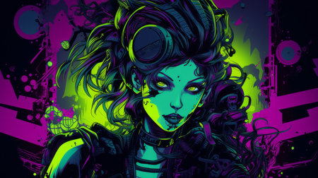an illustration of a woman with purple hair and neon green eyesの素材