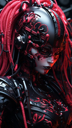 a woman with red hair and black armorの素材