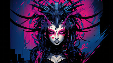 an illustration of a woman with purple and pink hairの素材