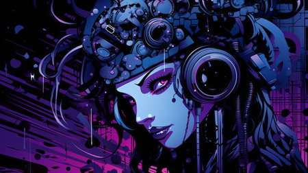 an illustration of a woman with headphones on her headの素材