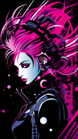 an illustration of a woman with pink hairの素材